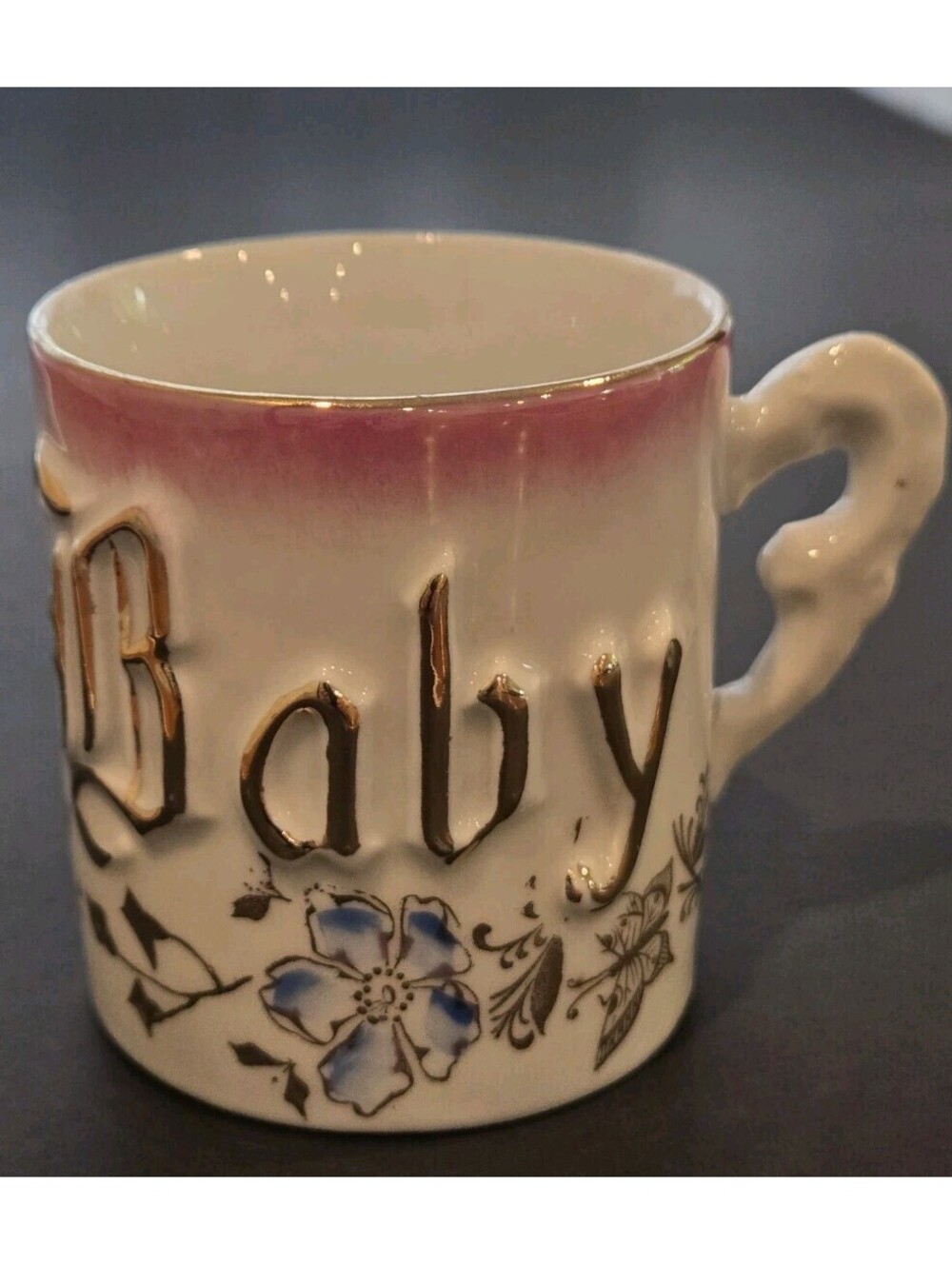 Antique Baby Girl Cup Pink White Gold Porcelain Made in Germany Victorian VTG